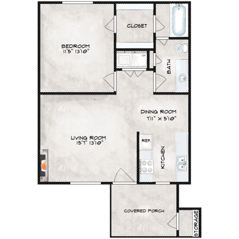 Floor plan for 1 bed, 1 bath, 760 sqft